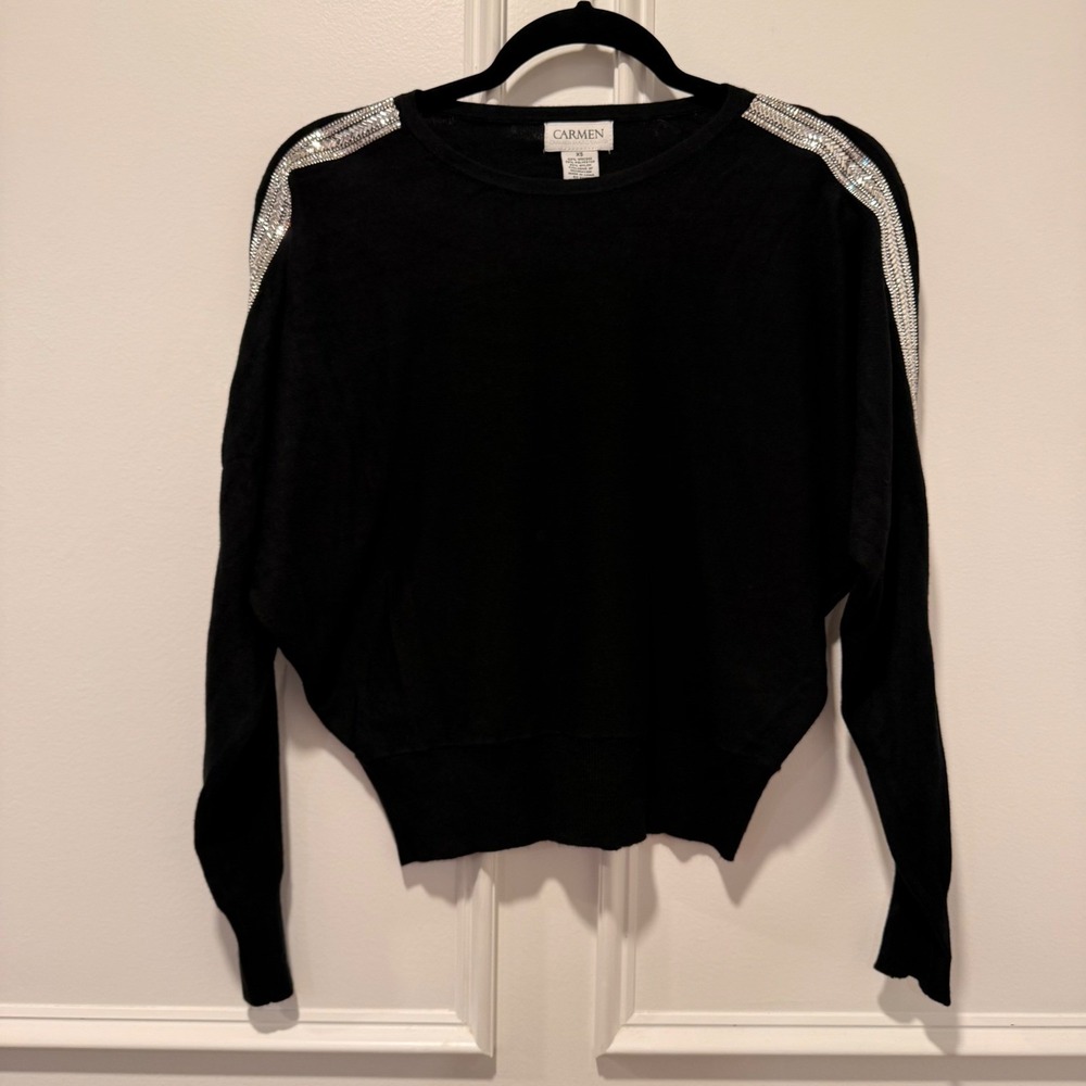 Carmen Marc Valvo‎ Women's Size XS Black Sweater Silver Rhinestone Shoulders NWT